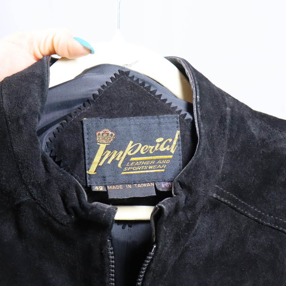 Vintage Imperial Suede Leather Jacket 42 Black Womens Zip Up Moto Outerwear - Picture 4 of 4